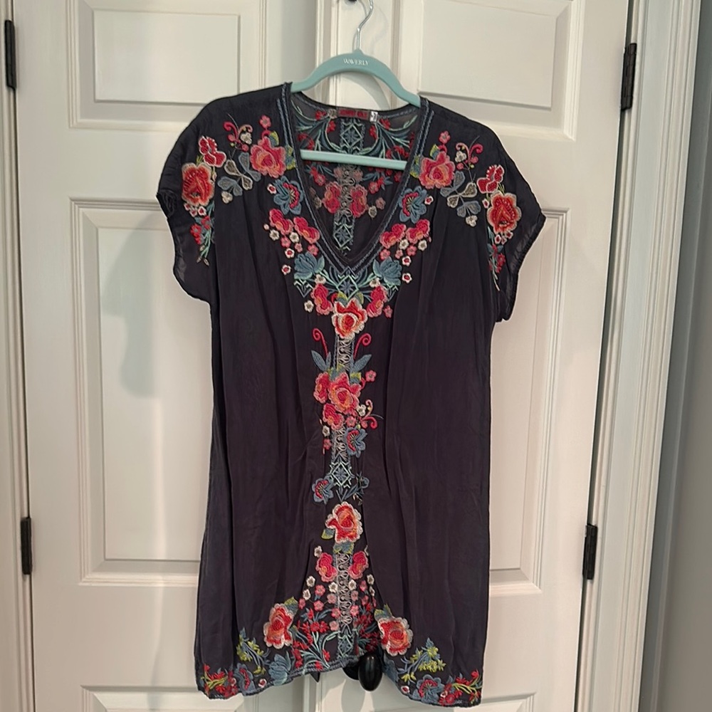 Johnny Was Dark Gray/ Navy  Embellished Tunic with Red Floral Design